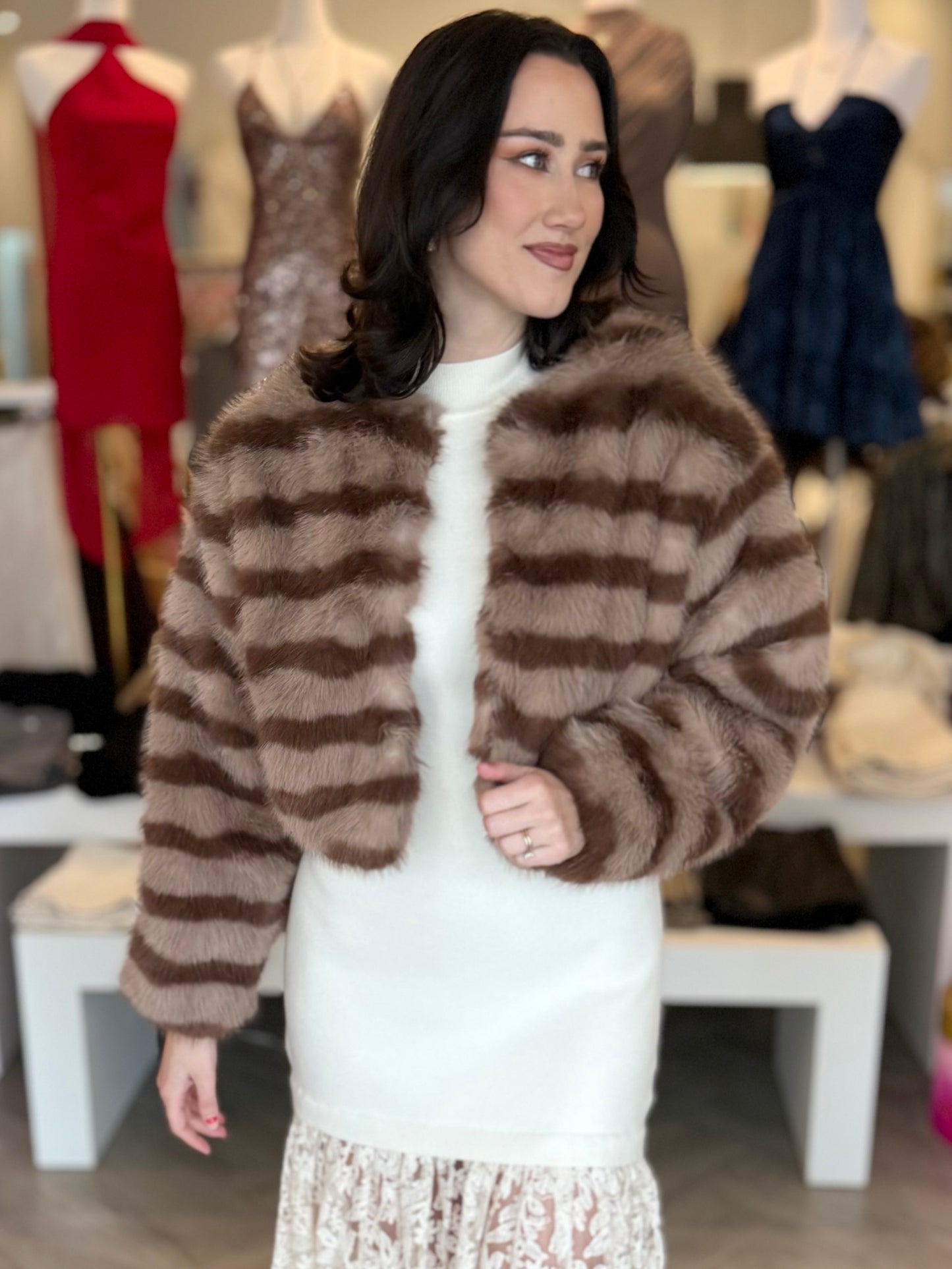 Mocha Brown Stripe Fur Jacket