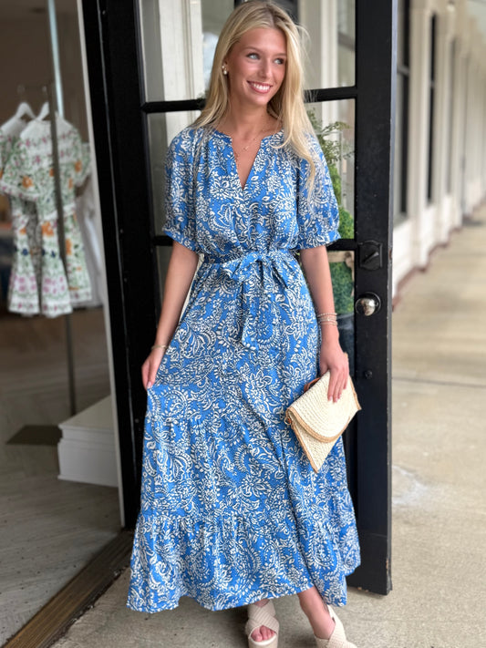 Blue Multi Geometric Tiered Maxi