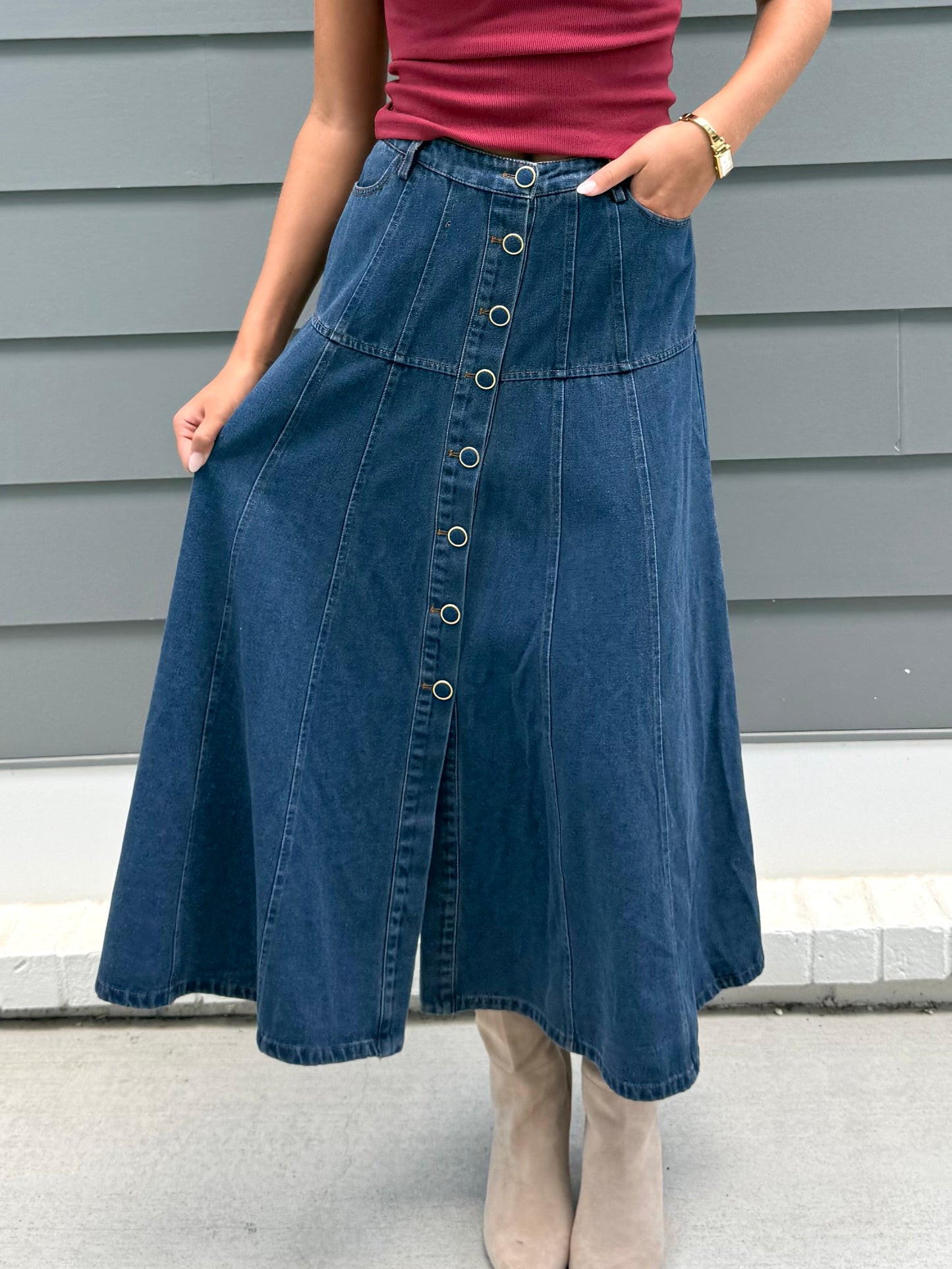 Blue Panel Detail Midi Skirt