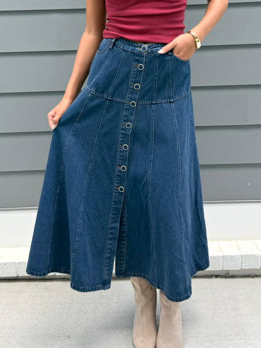 Blue Panel Detail Midi Skirt