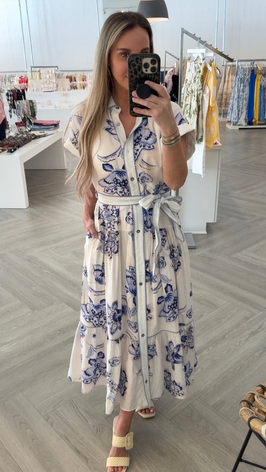 Blue Antique Floral Belted Maxi
