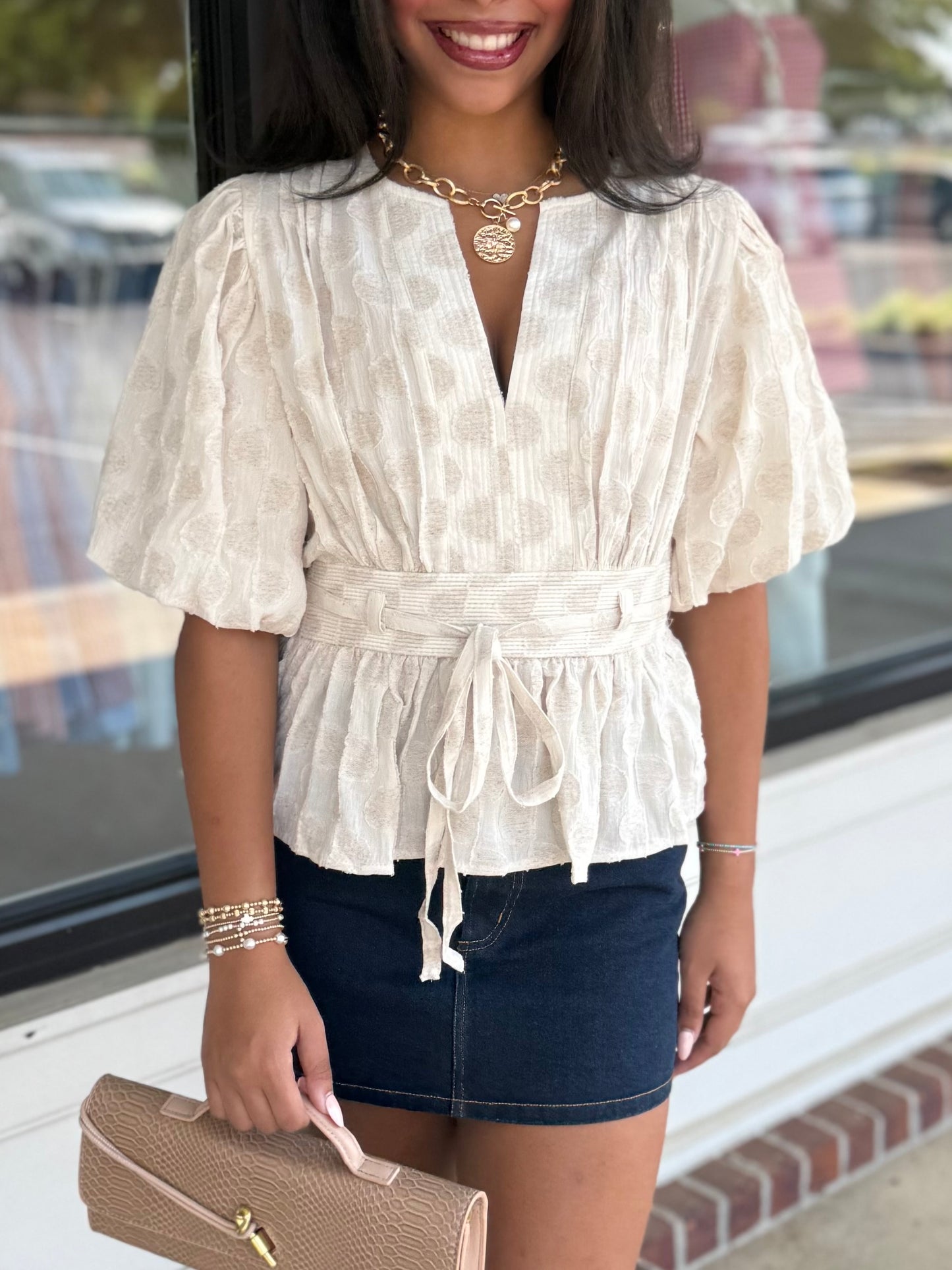 Oatmeal Textured Bubble Sleeve Top
