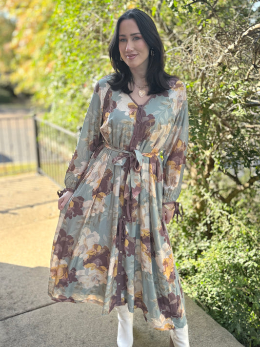 Sage Iris Bow Button Dress