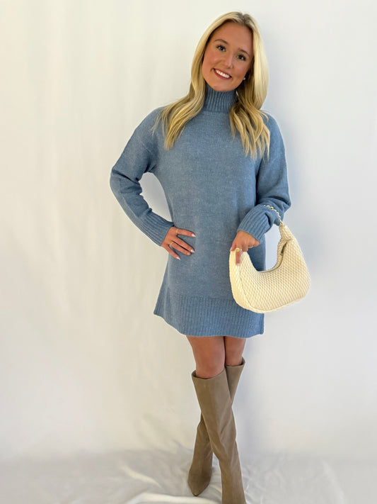 Blue High Neck Sweater Dress