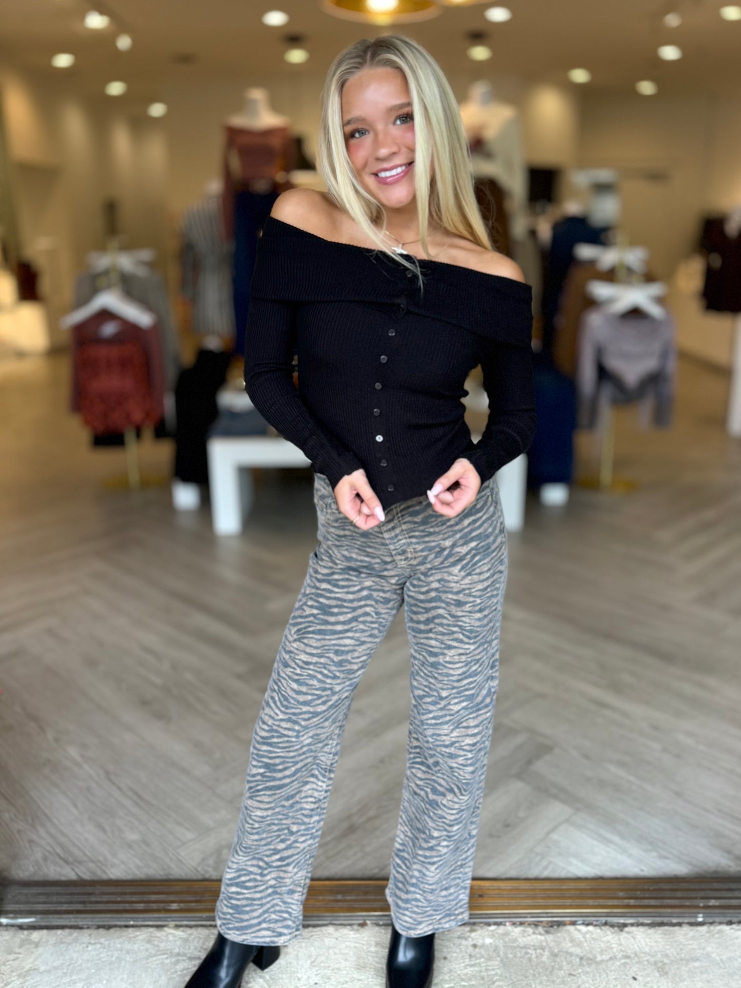 Black O/S Button Top