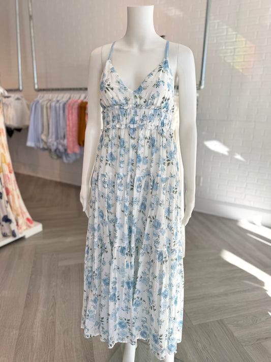 White/Blue Floral V-Neck Dress