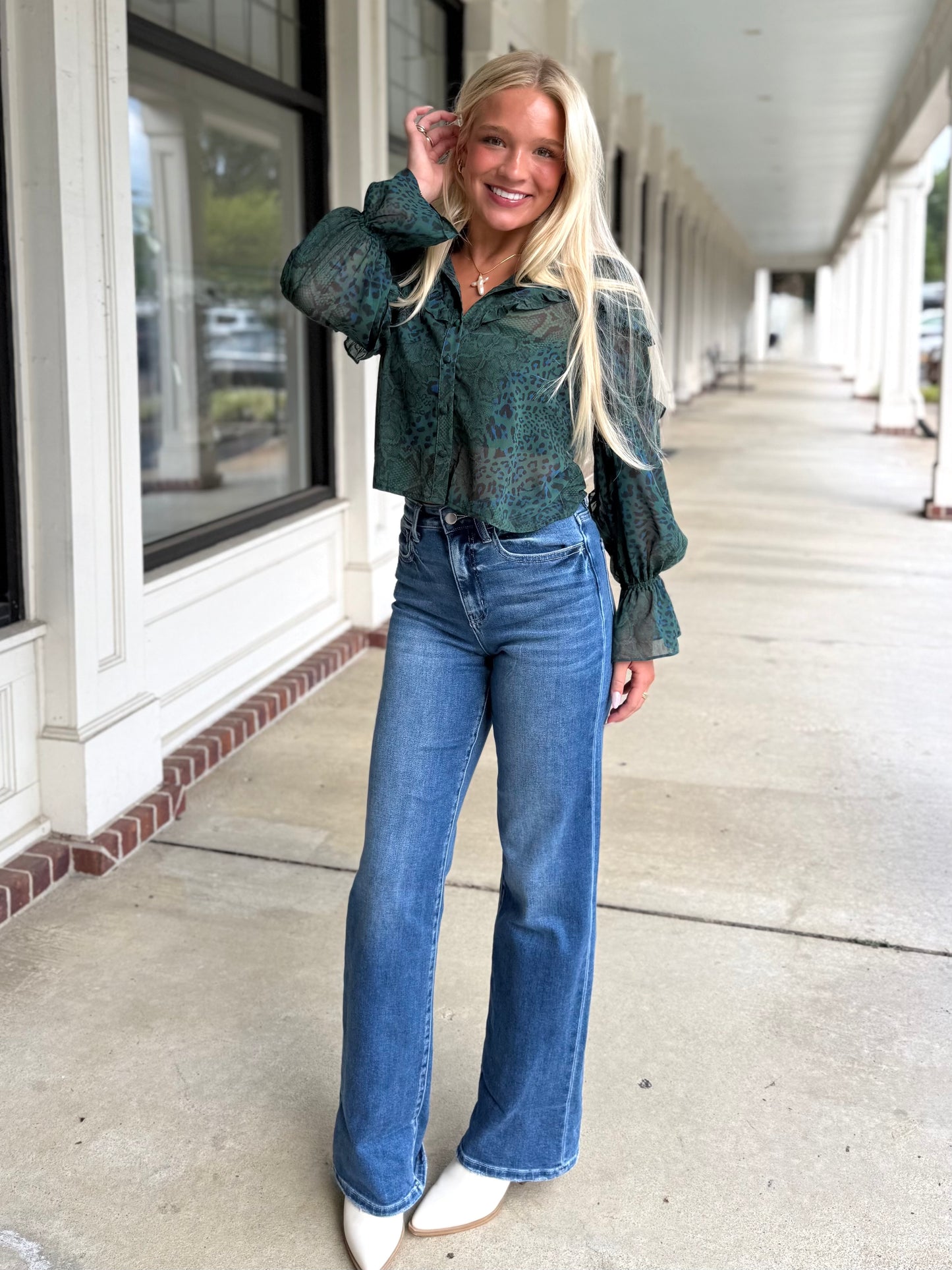 Green Leopard Sheer Ruffle Top