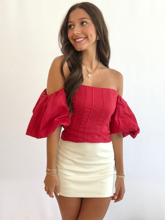 Red Linen Bubble Sleeve Top