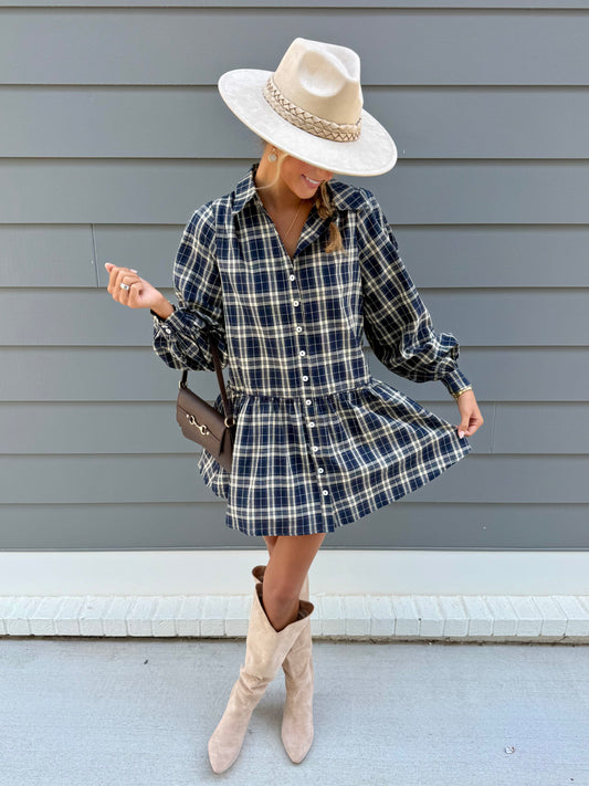 Navy Plaid L/S Dress