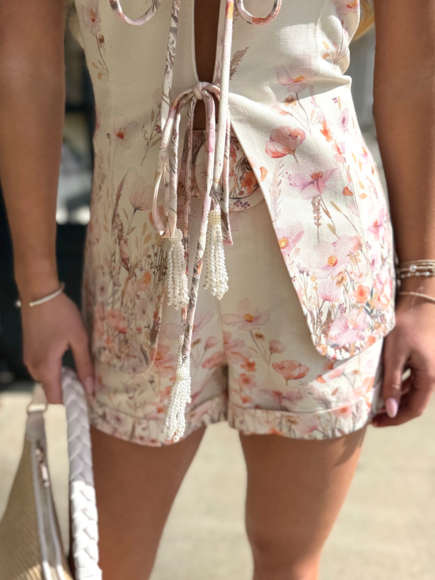 Cream Floral Cuff Shorts