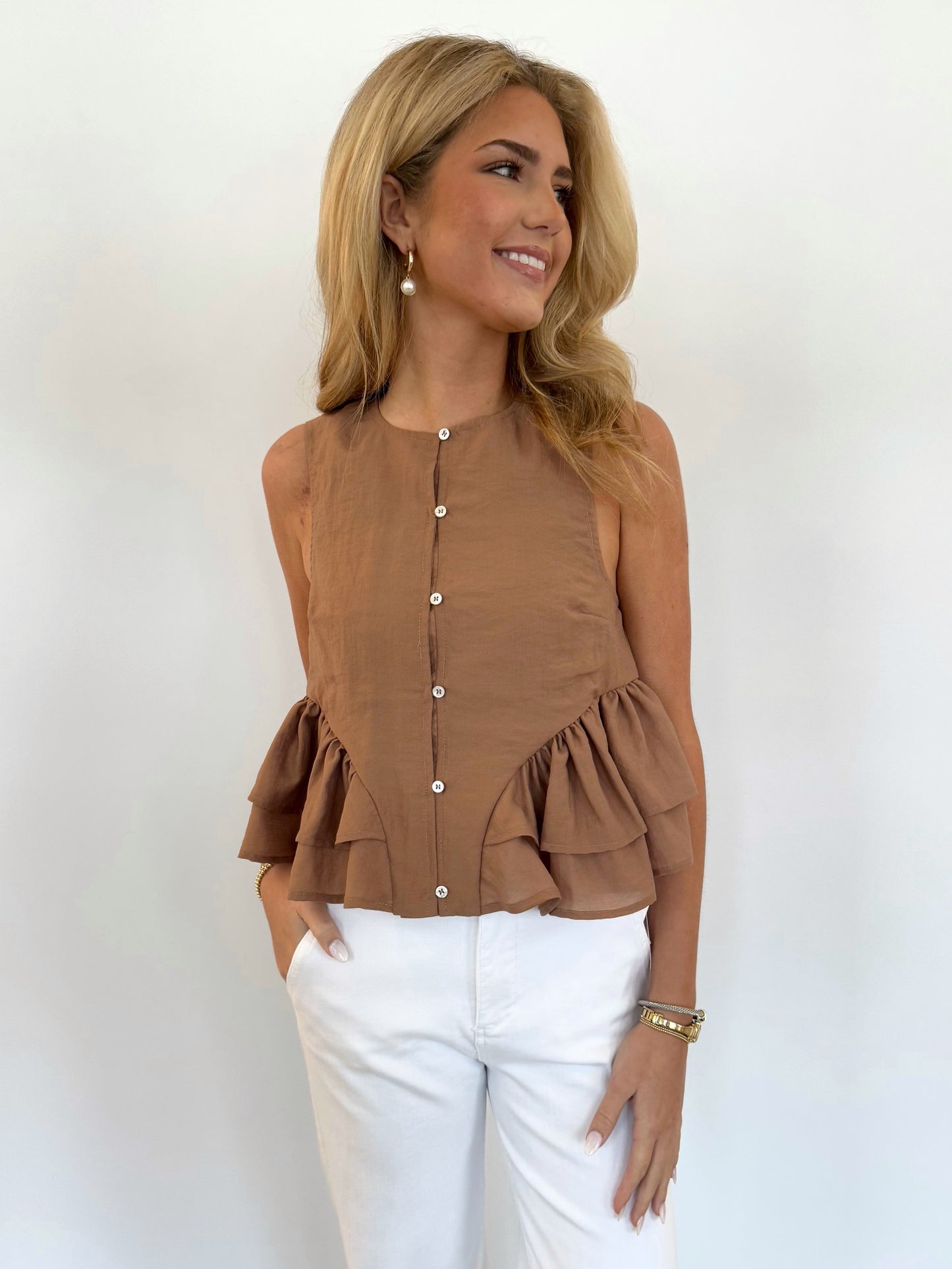 Coffee Sleeveless Button Ruffle Top