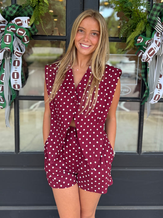 Maroon Polka Dot Tailored Romper