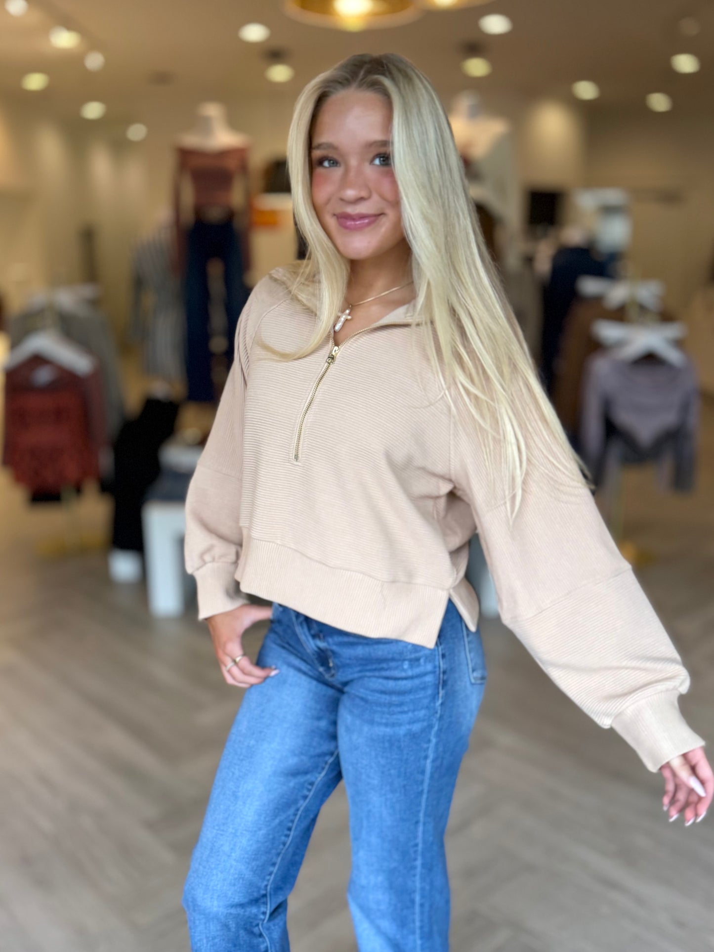 Tan Ribbed Funnel Neck Zip