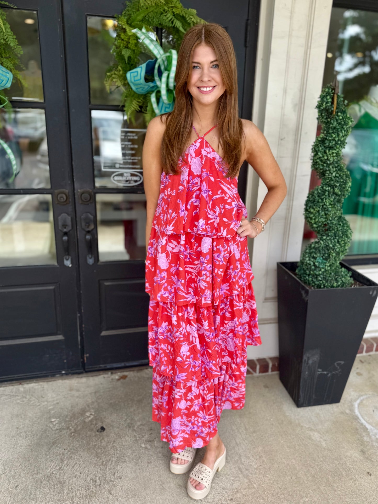 Red Pink Halter Tiered Maxi
