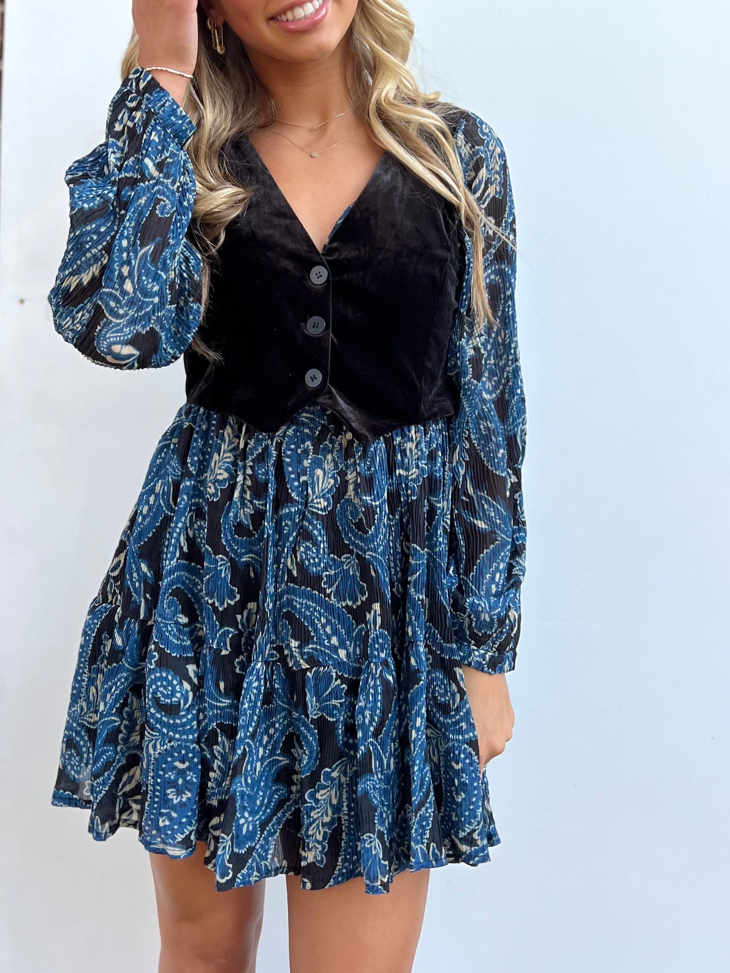 Black/Teal Paisley Velvet Vest Dress