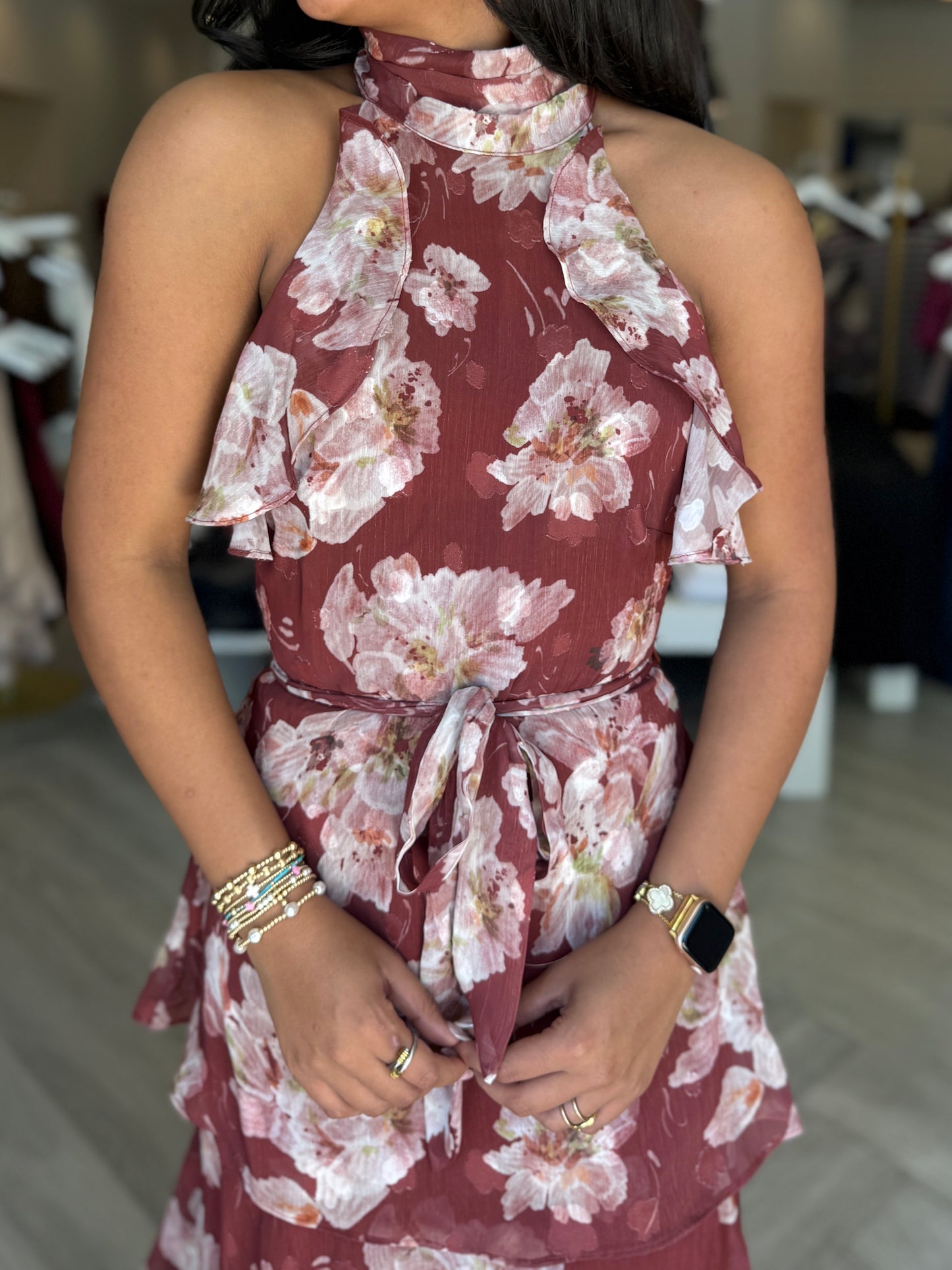 Wine Tiered Floral Maxi Dress