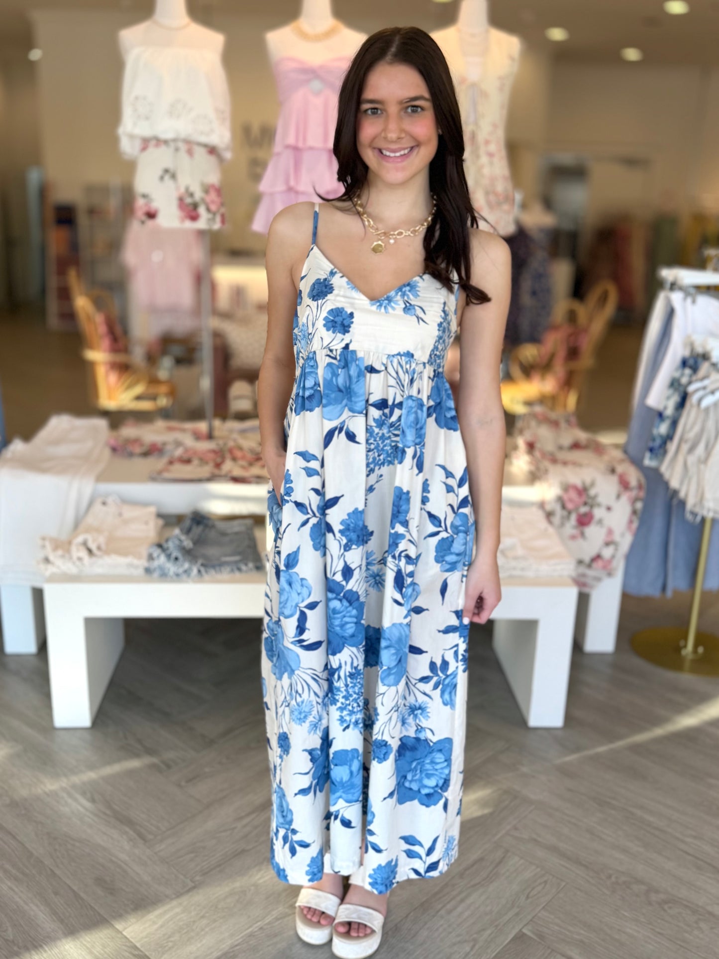 Cream/Blue Hydrangea Midi