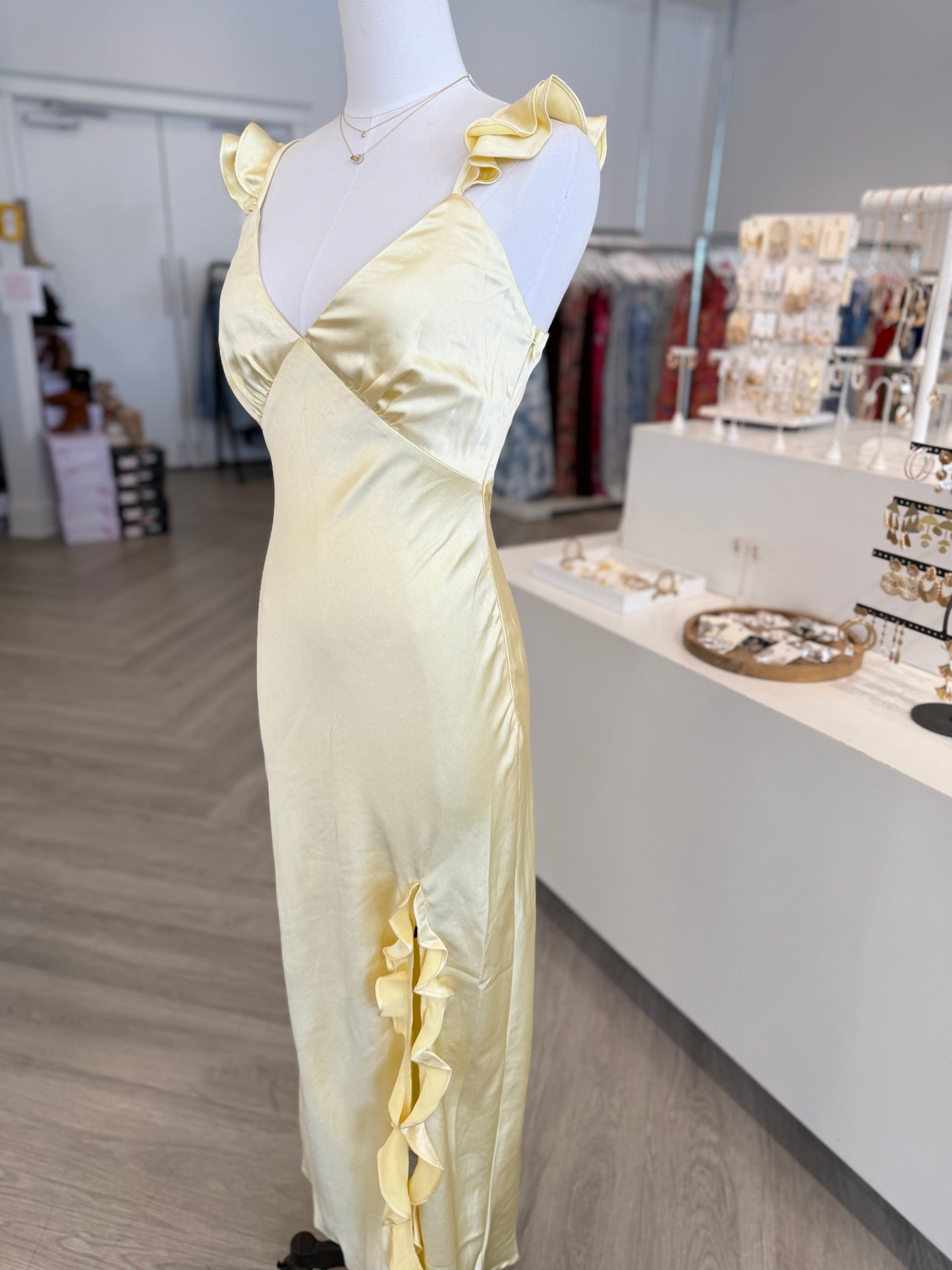 Lemon Silk Ruffle Maxi
