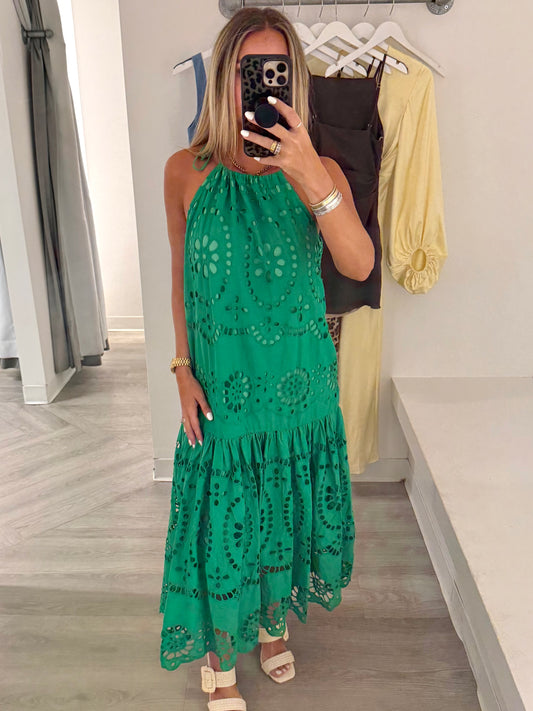 Green Embroidered Eyelet Halter