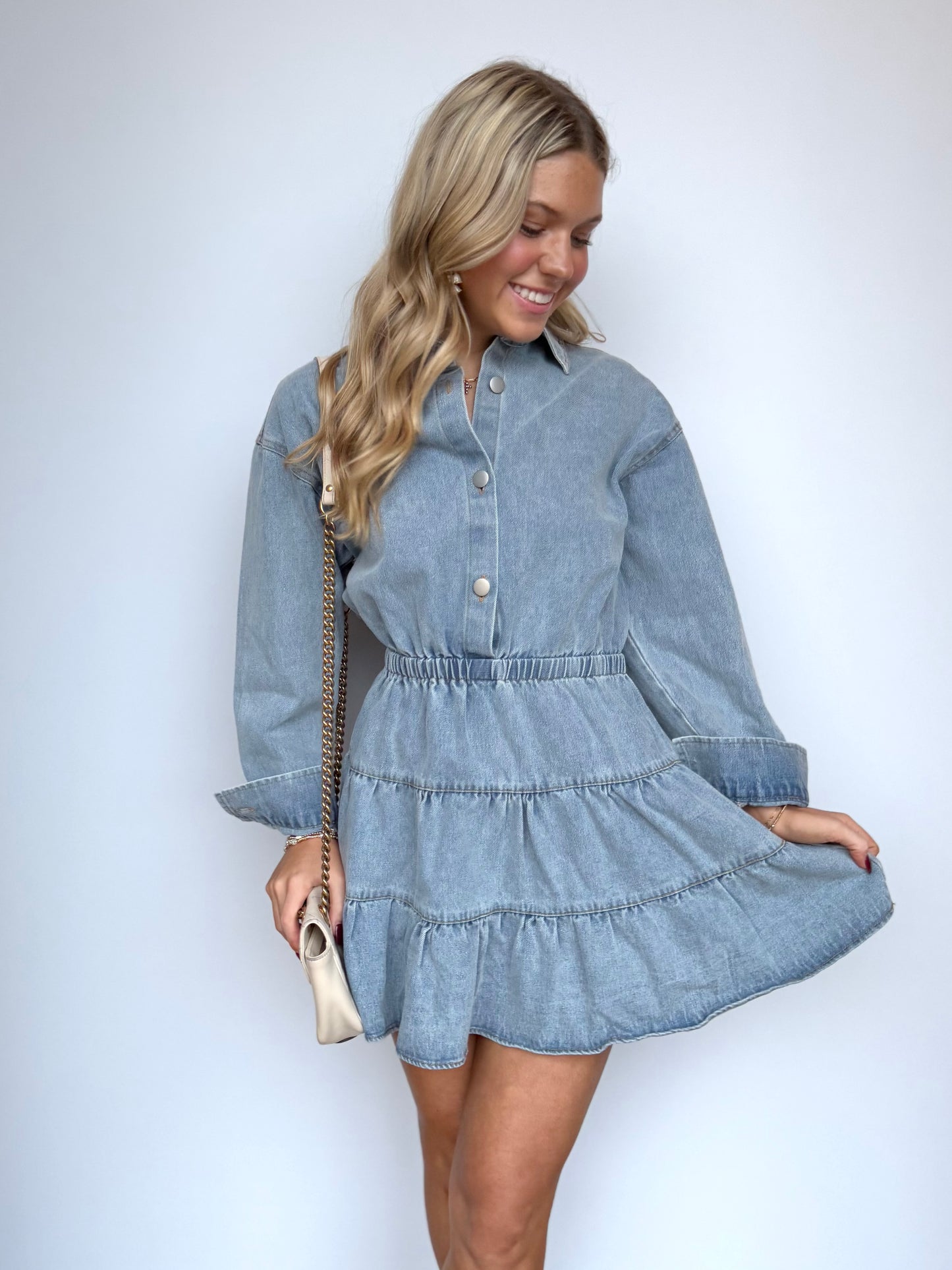 Denim Collared Tiered Dress