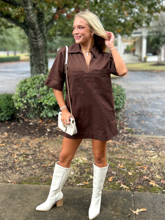 Brown Denim Collared Dress