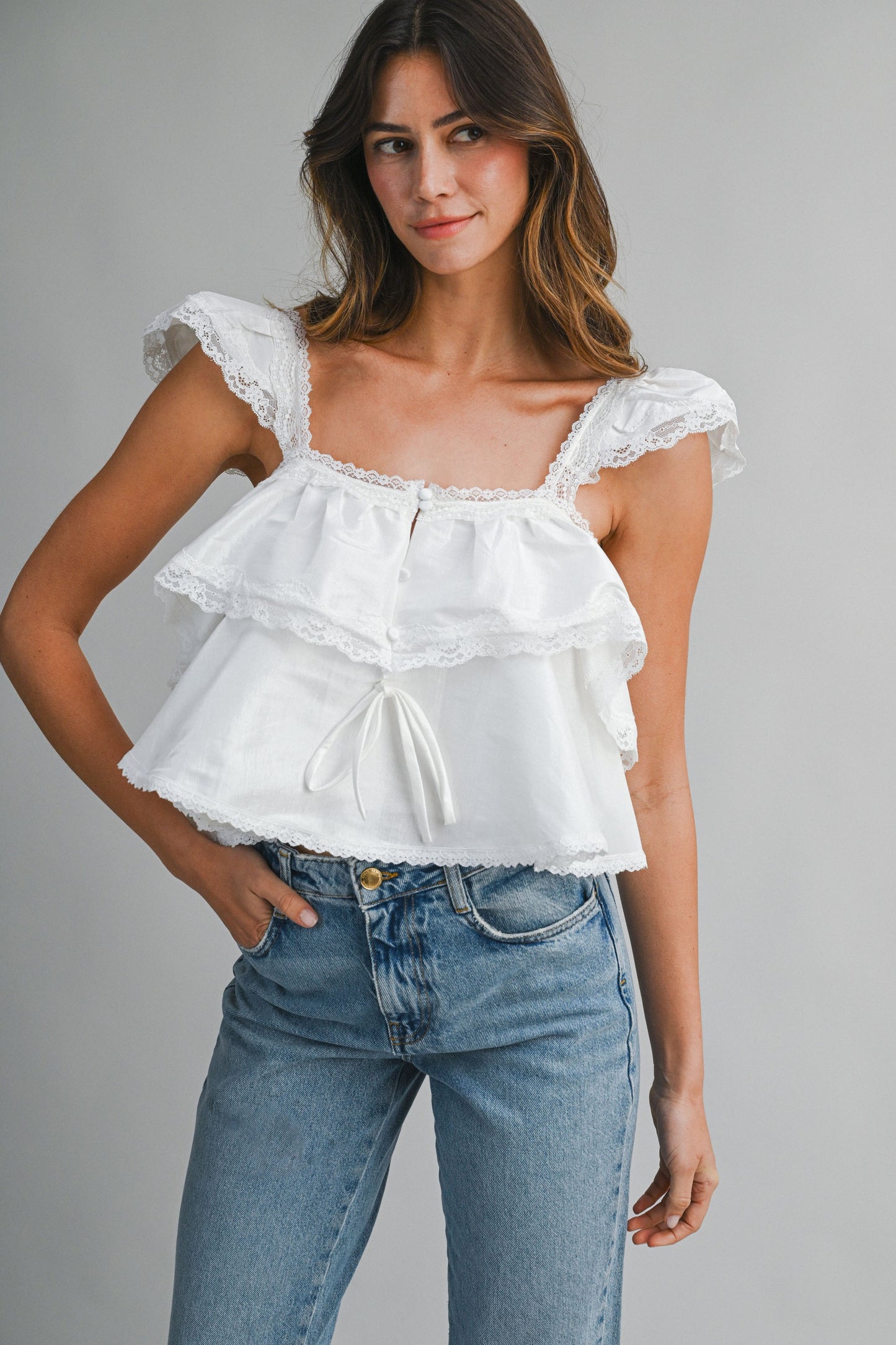 White Lace Trim Crop Top