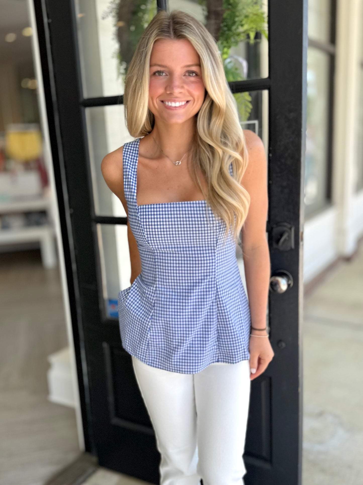 Blue/White Square Neck Top