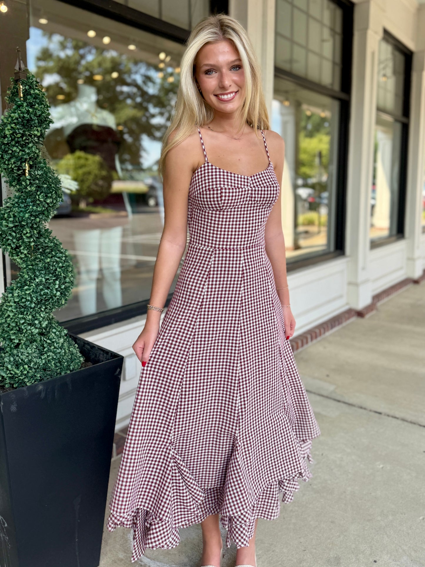 Burgundy Checker Ruffle Maxi