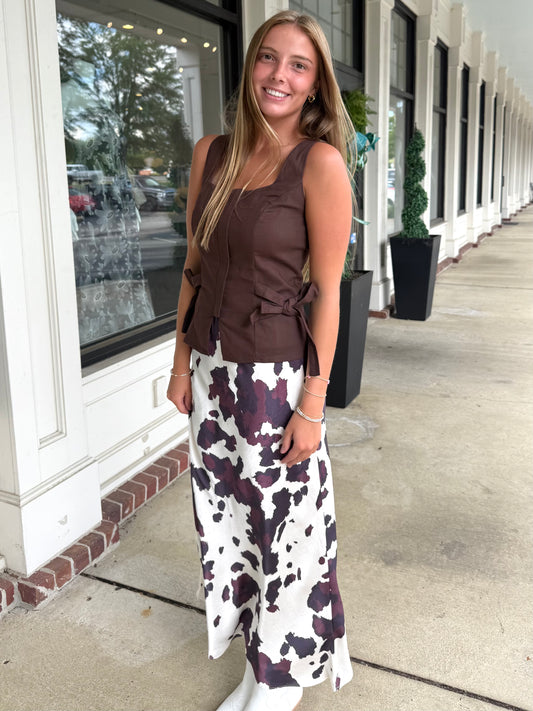 Burgundy Cow Print Maxi Skirt