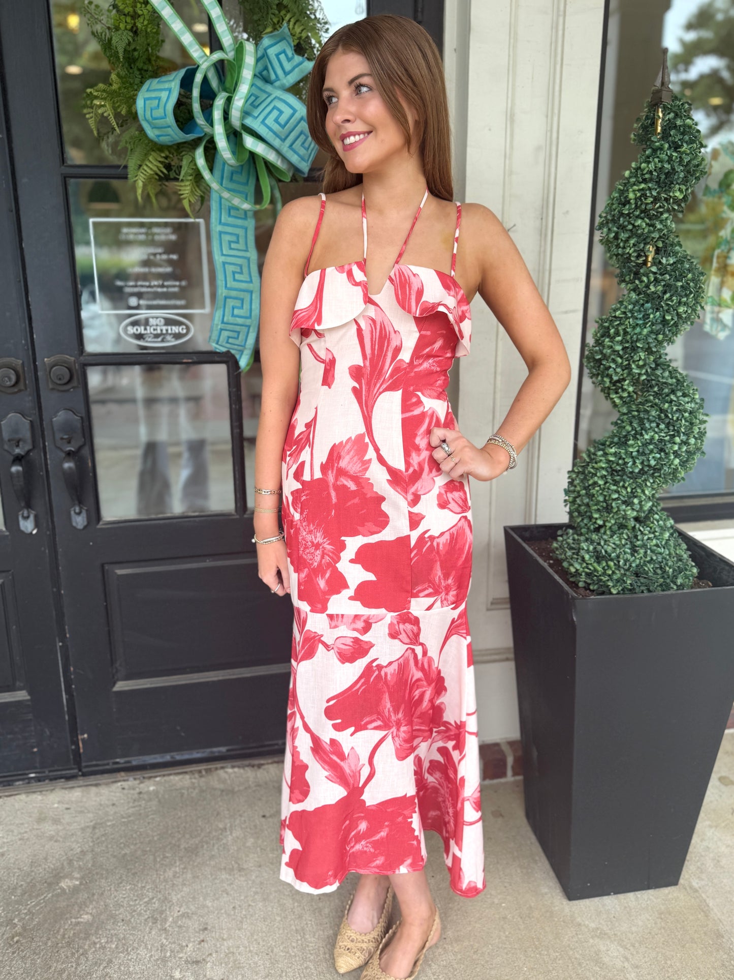 Red Floral Ruffle Maxi