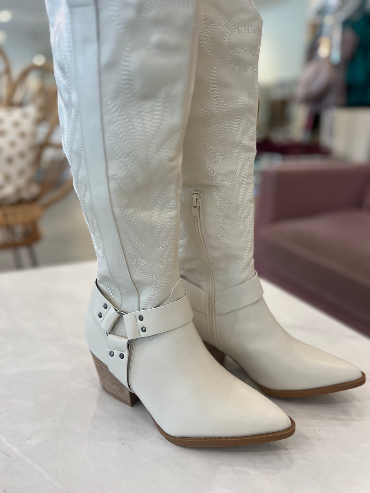 White Knee High Cowboy Boots