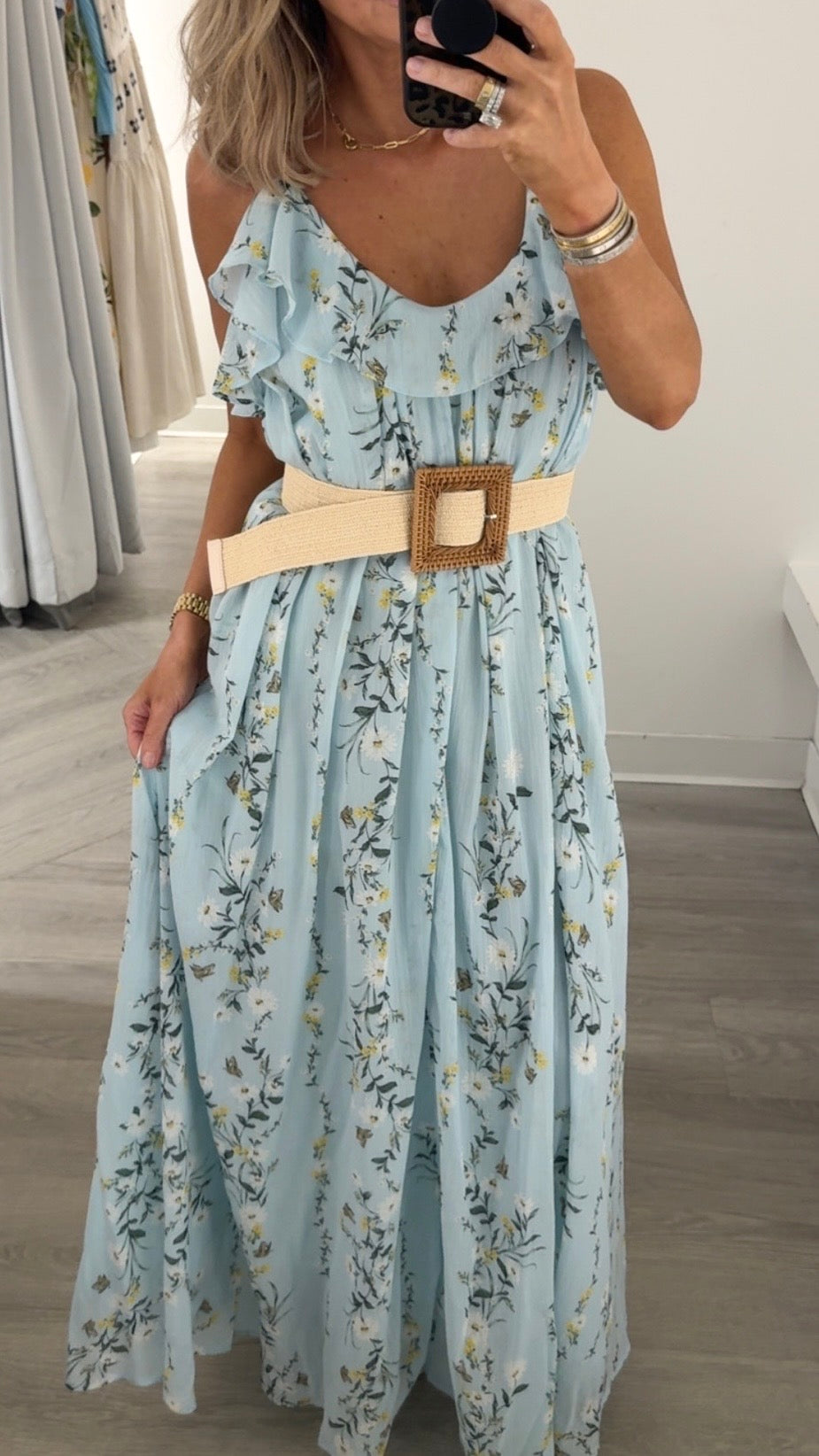 Blue/Yellow Ruffle Yoke Maxi