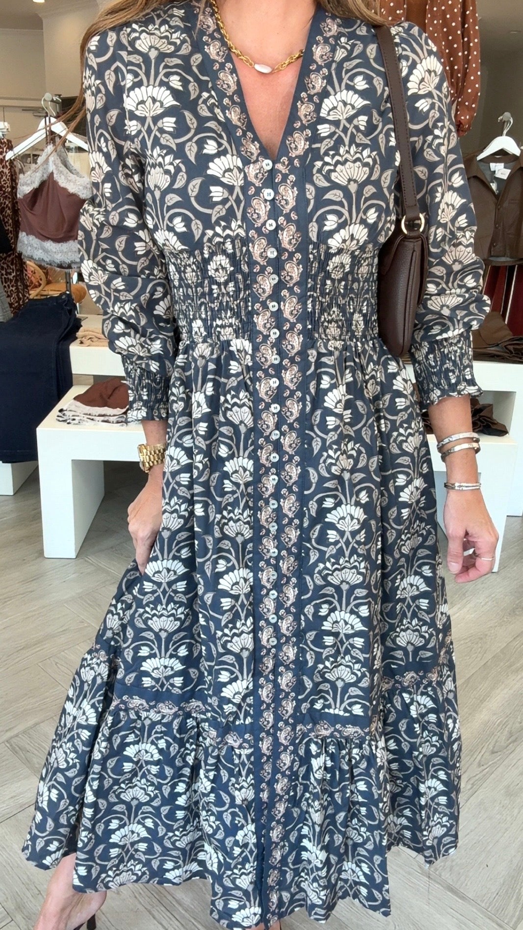 Navy Floral Print Smock Midi