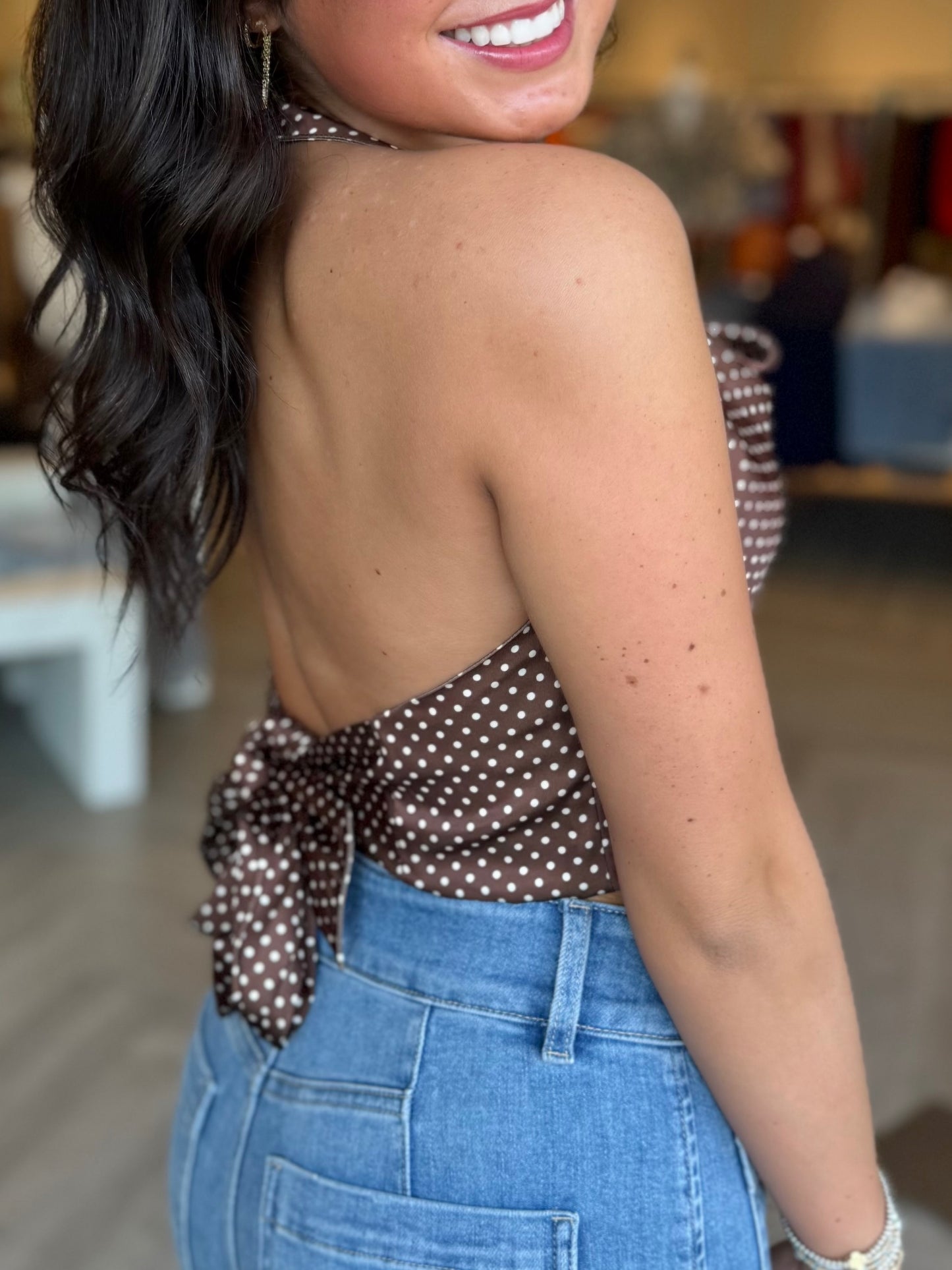 Brown Polka Dot Cowl Neck Top