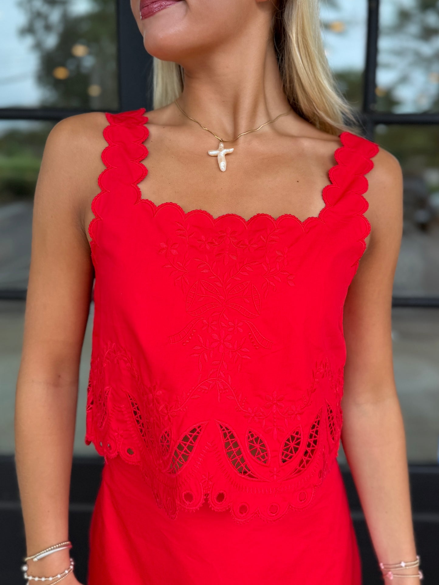 Red Embroidered Mini Skirt