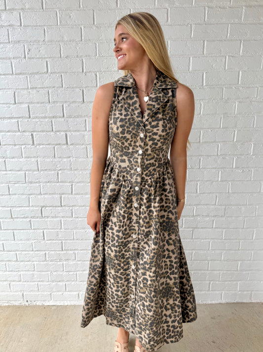 Leopard Denim Notched Flare Midi