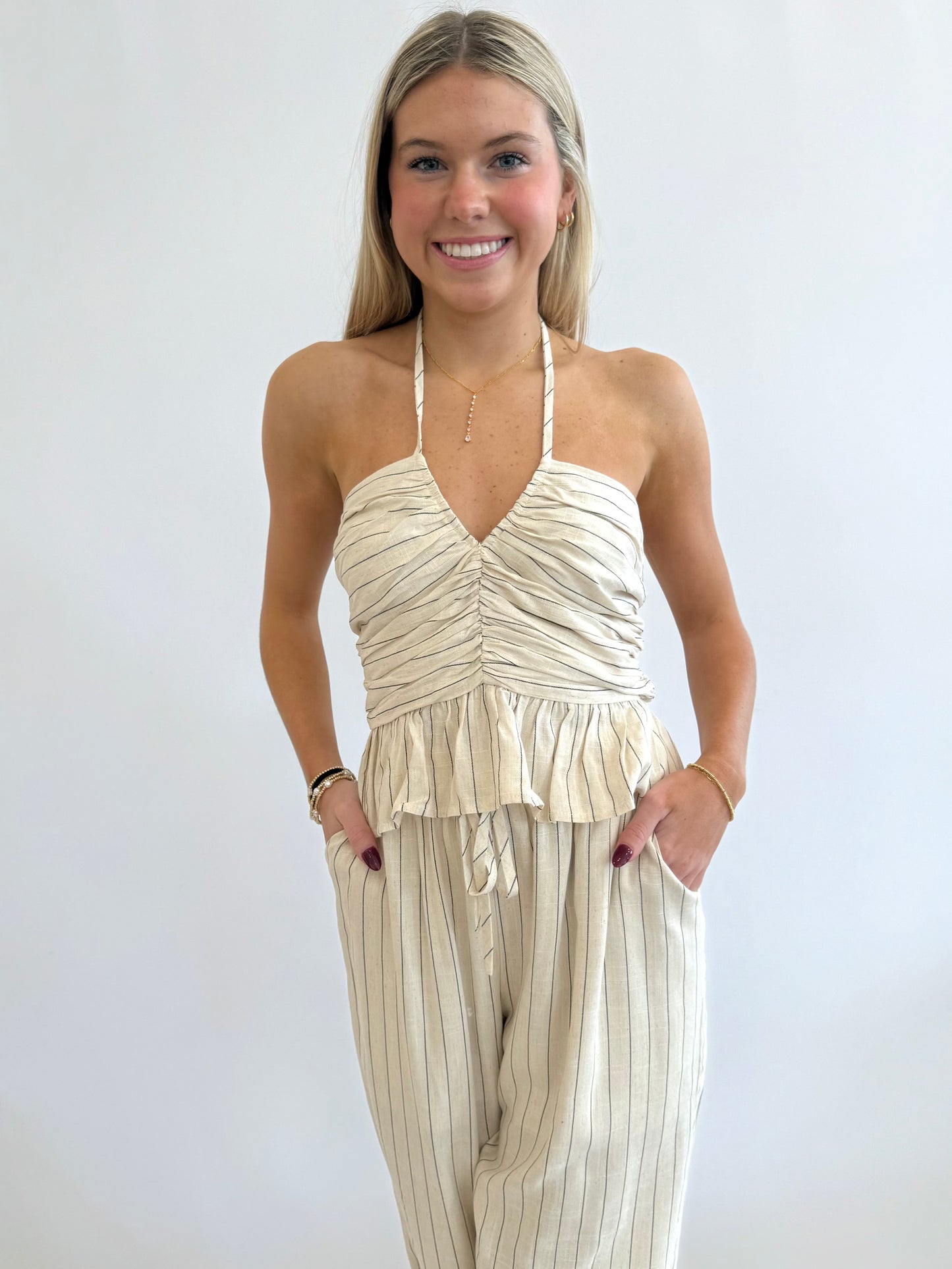 Linen Stripe V-Neck Halter Top