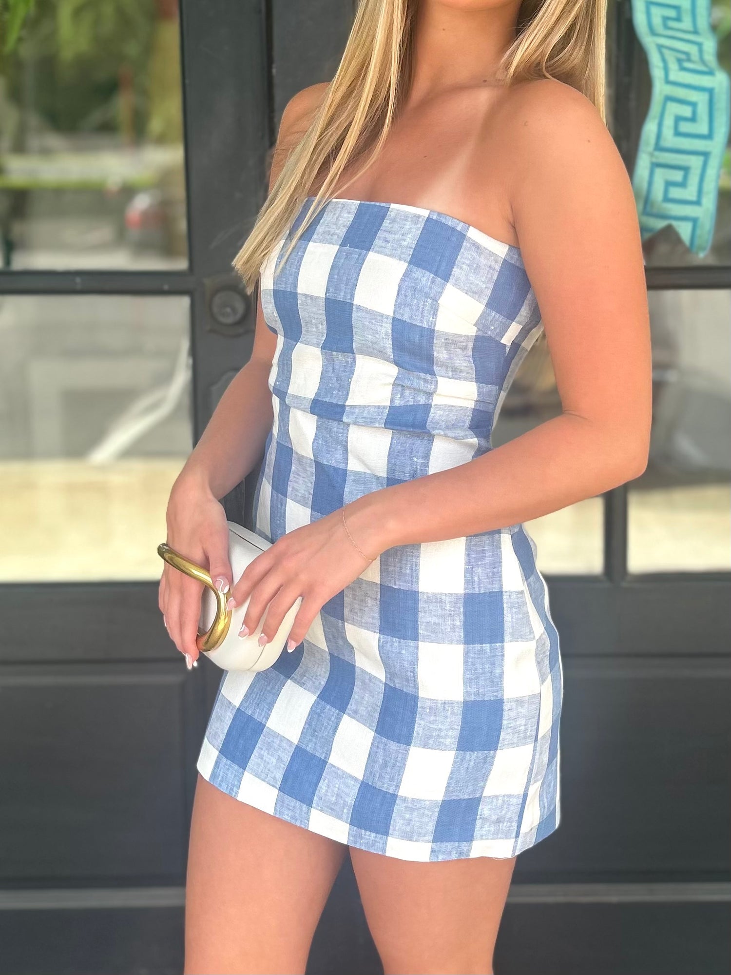 Blue Gingham Strapless Mini MEDIUM