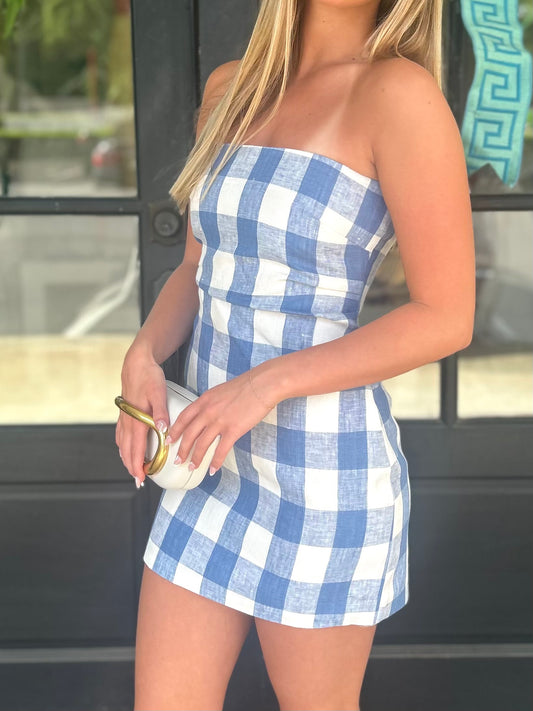 Blue Gingham Strapless Mini