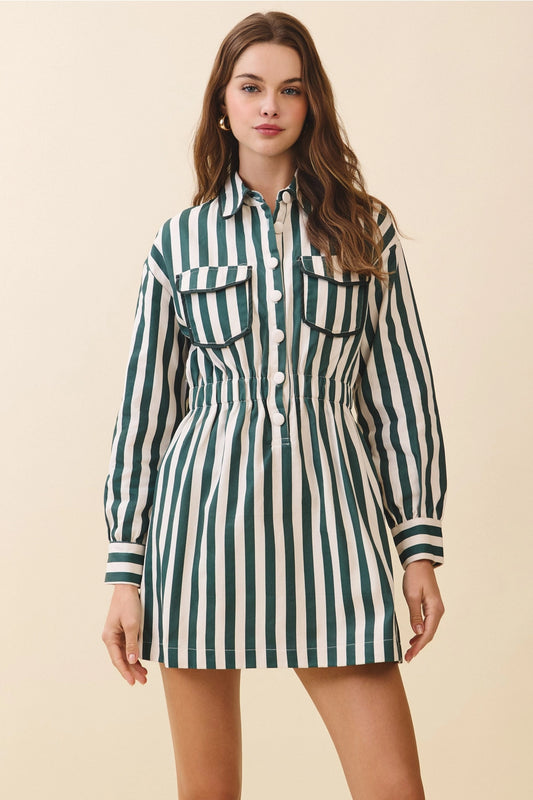 Green Vertical Striped Shirt Dress