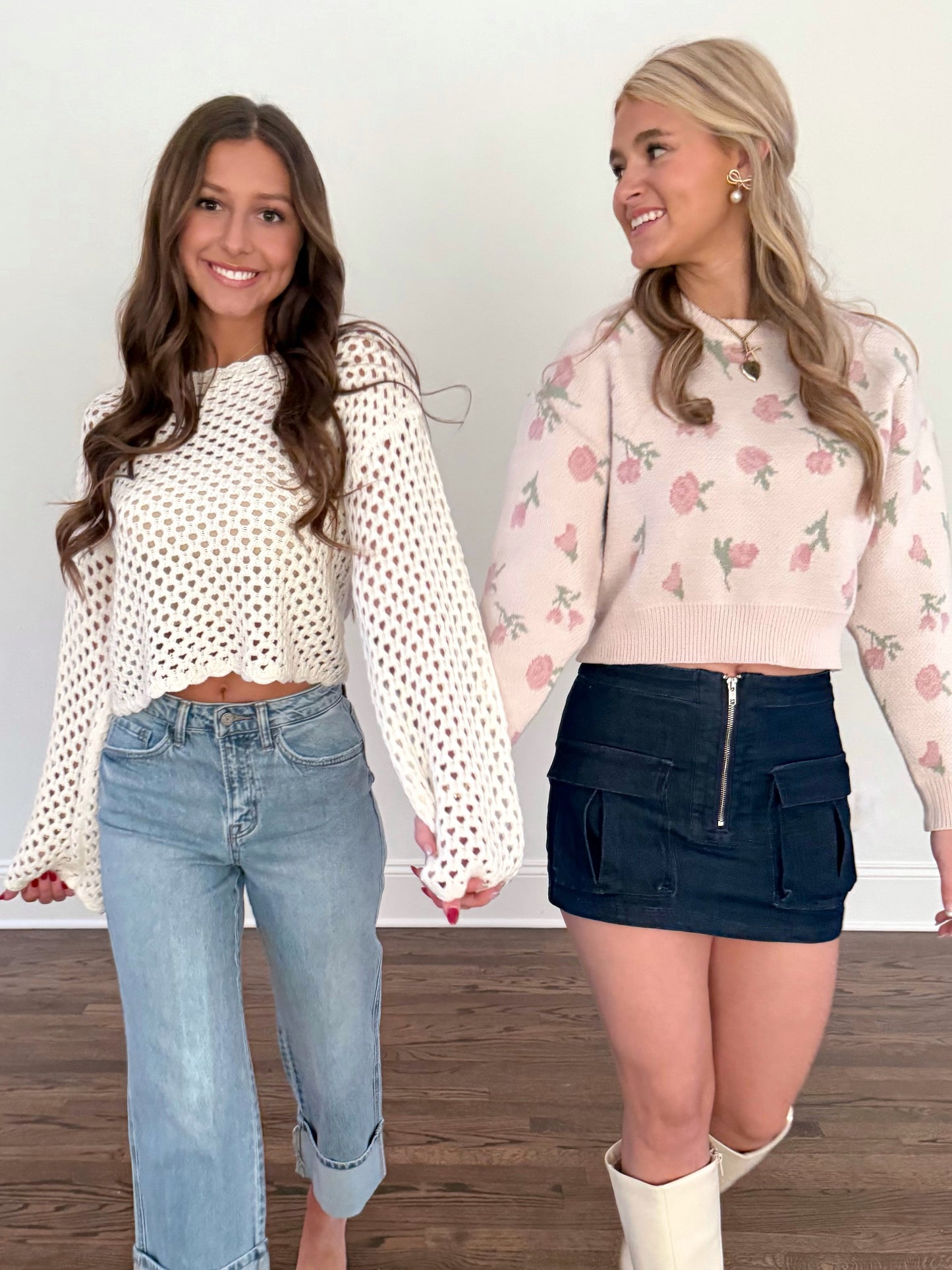 Pink L/S Floral Crop Sweater