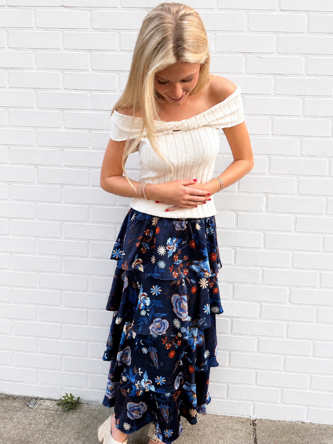 Navy Tiered Floral Print Midi