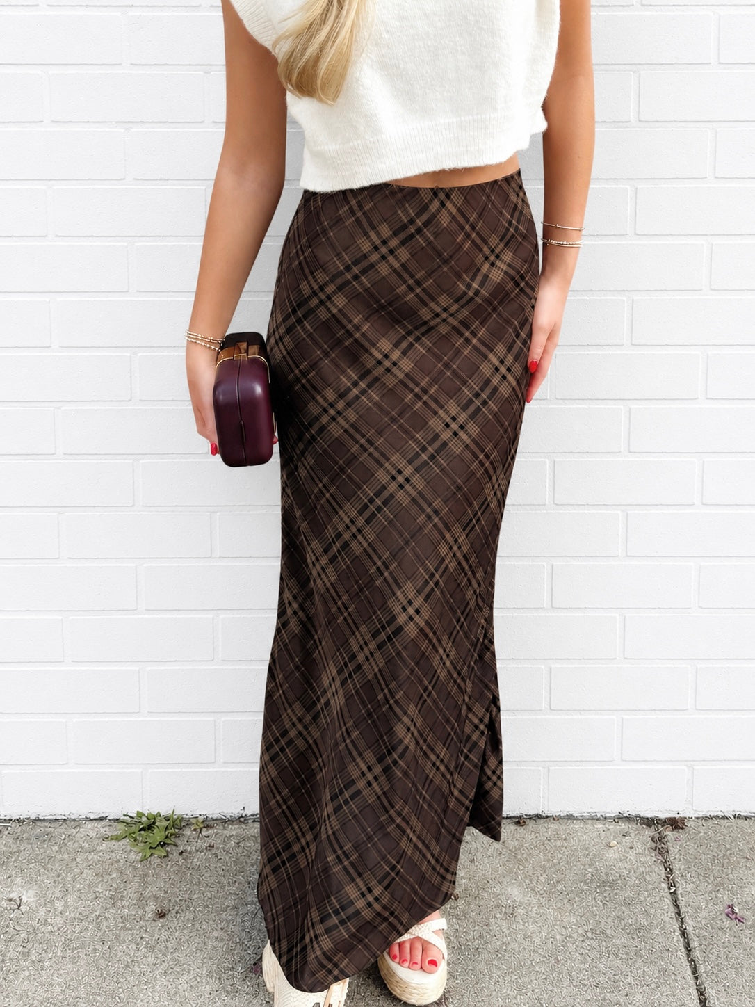 Brown Checkered Maxi Skirt