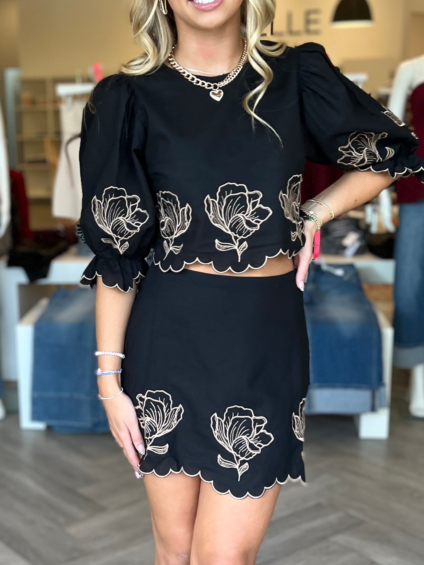 Black Embroidered Mini Skirt