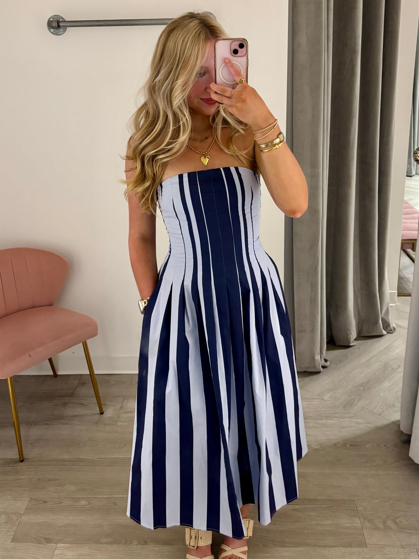 Blue Strapless Striped Flare Midi