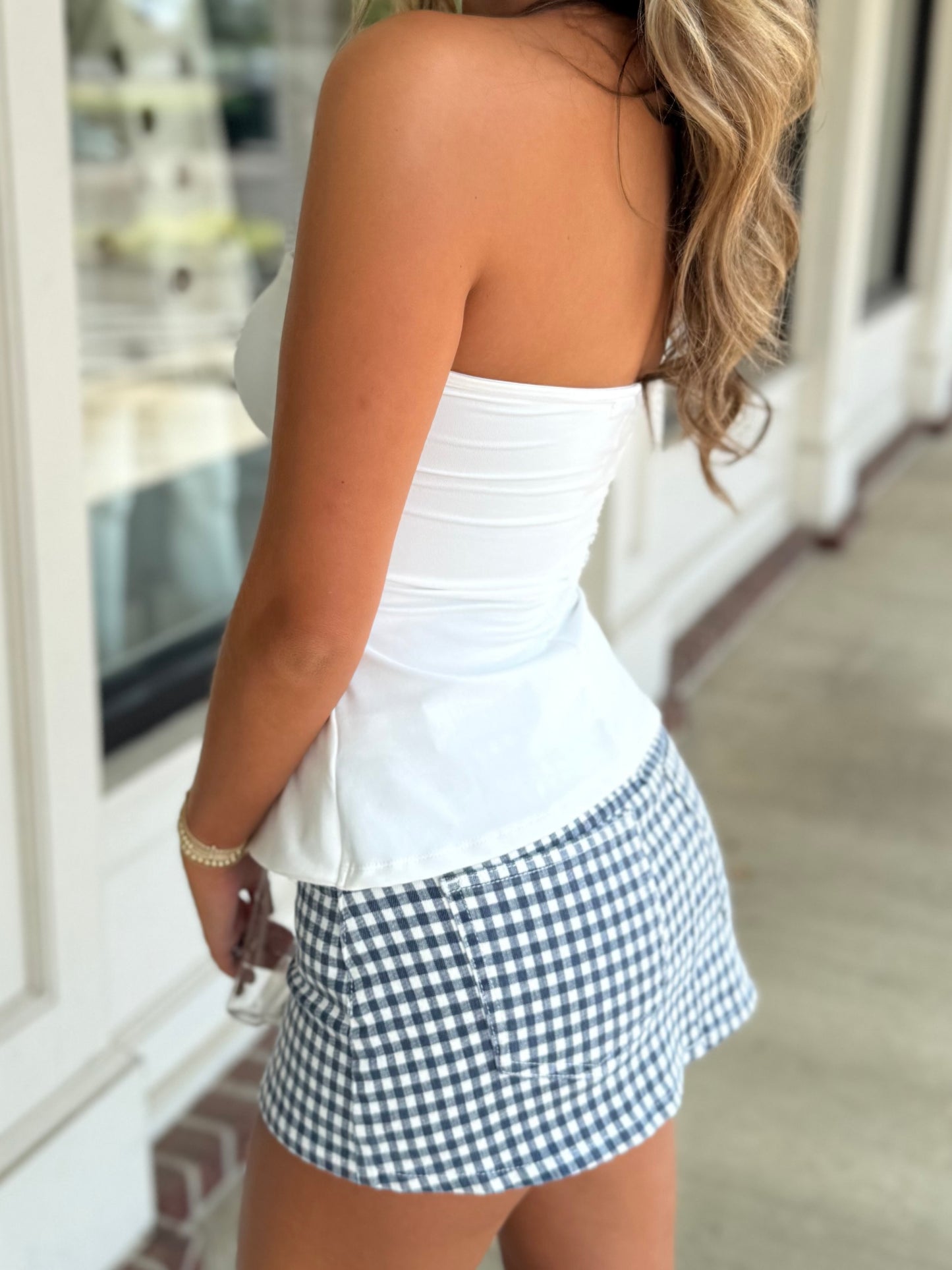 Navy Gingham Denim Skort