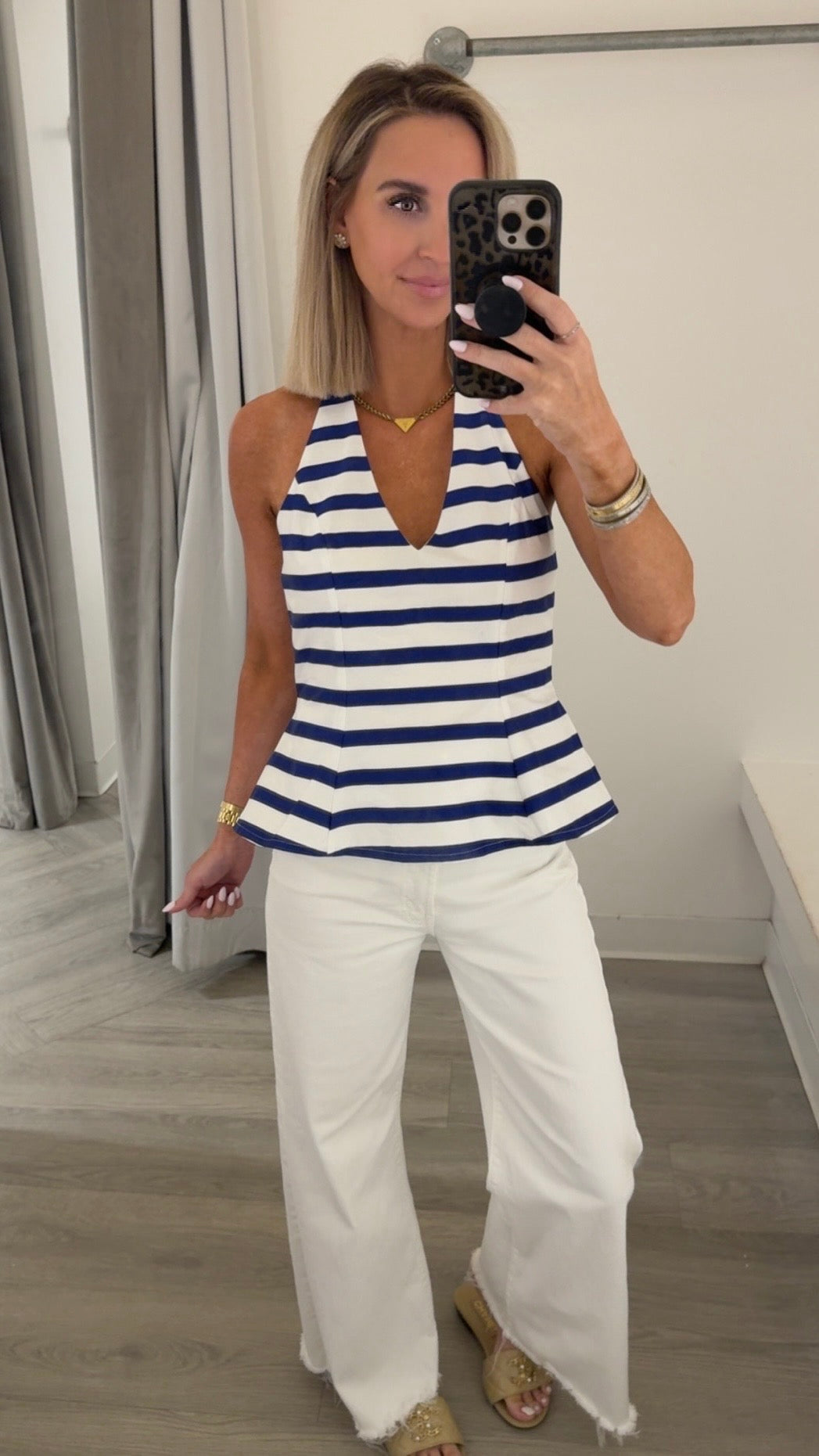 White/Navy Stripe Peplum Top