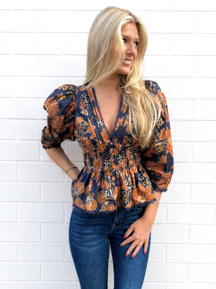 Navy Rust Lace Top