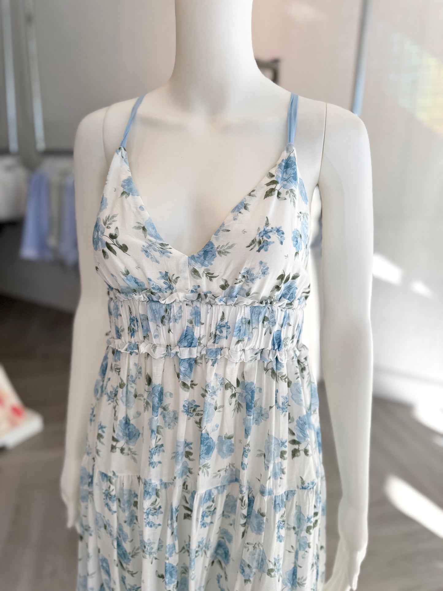 White/Blue Floral V-Neck Dress