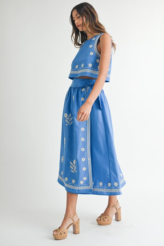 Blue Boho Stitched Floral Skirt